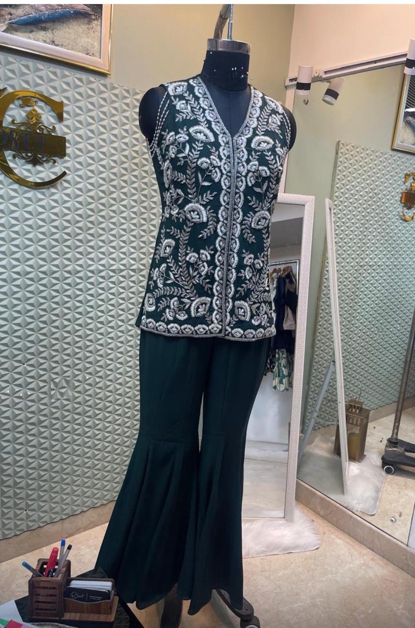 Bottle Green Resham Cutdana Kurti Set